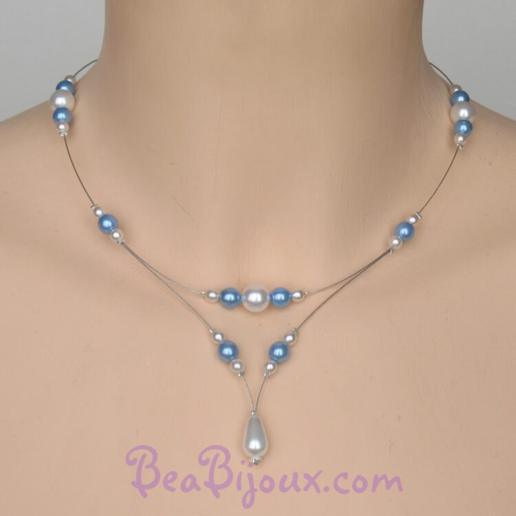 Collier de mariage CO1201A blanc et bleu ciel avec pendentif perle goutte sur fil argenté.