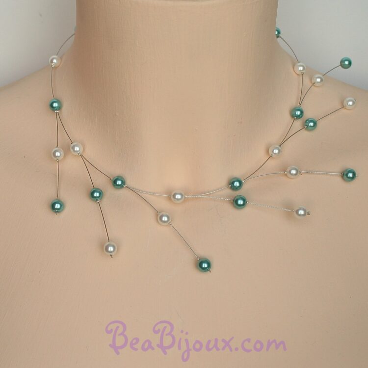 Collier de mariage asymétrique à branches CO1210A perles nacrées blanc et bleu turquoise.