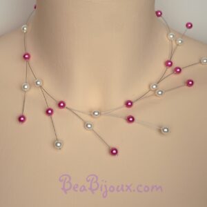 Collier de mariage asymétrique branches CO1210A perles nacrées blanc et rose fuchsia.