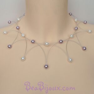 Collier de mariage corolle CO1036A perles nacrées blanc et parme.