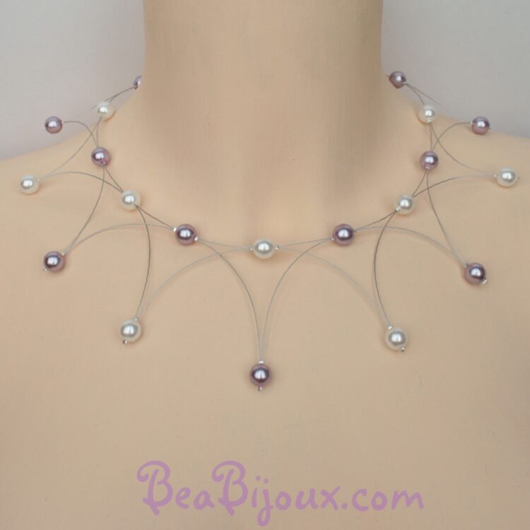 Collier de mariage corolle CO1036A perles nacrées blanc et parme.