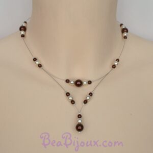 Collier de mariage CO1201A ivoire et chocolat personnalisé sans perle goutte.
