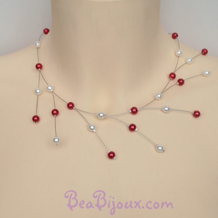 Collier de mariage asymétrique à branches CO1210A avec perles nacrées rouges et blanches.