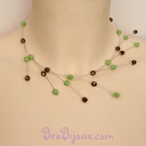 Collier de mariage asymétrique branches CO1210A perles en verre à facettes vert et chocolat.