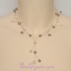 Collier de mariage asymétrique à branches CO1156A avec perles nacrées ivoire et bronze.