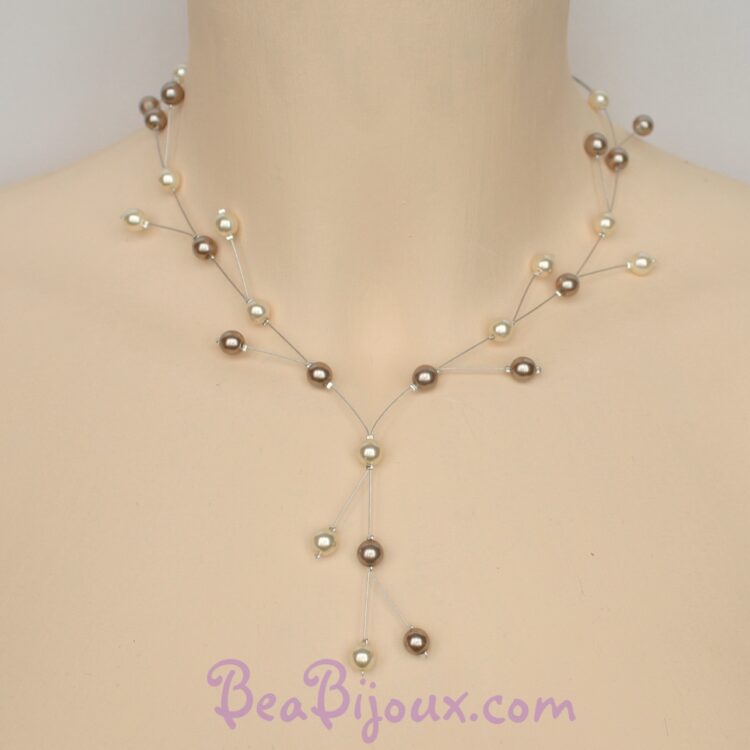 Collier de mariage asymétrique à branches CO1156A avec perles nacrées ivoire et bronze.