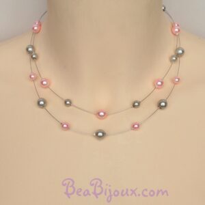 Collier de mariage double rang CO1168A avec perles nacrées rose pâle et gris argenté sur fil câblé.