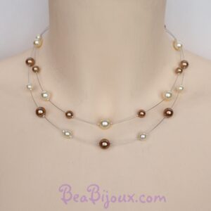 Collier de mariage double rang CO1168A avec perles nacrées en verre couleurs ivoire et caramel.