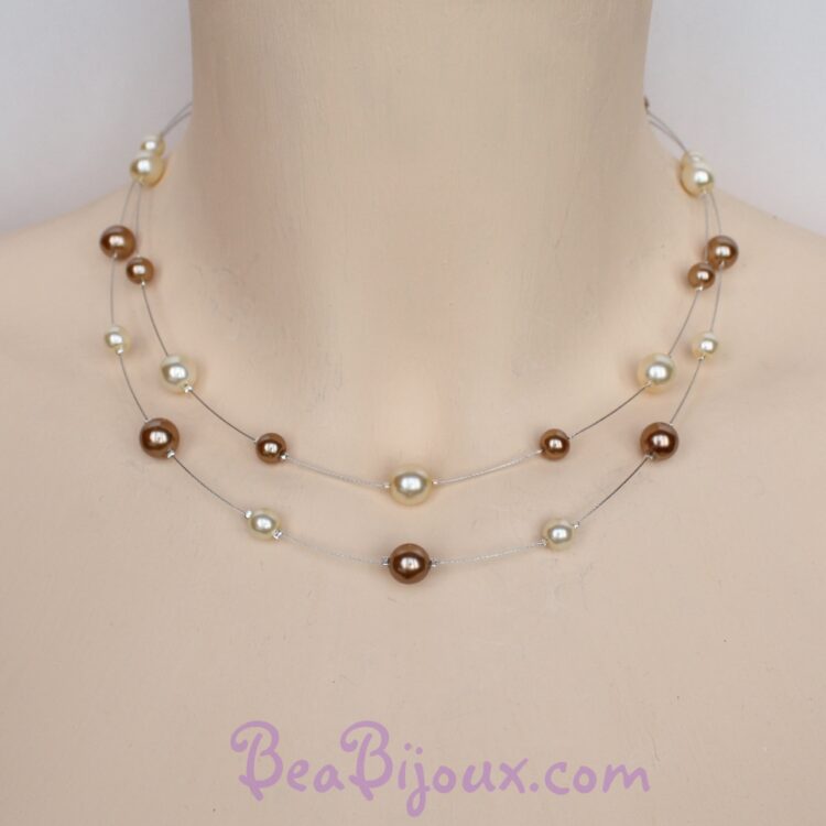 Collier de mariage double rang CO1168A avec perles nacrées en verre couleurs ivoire et caramel.