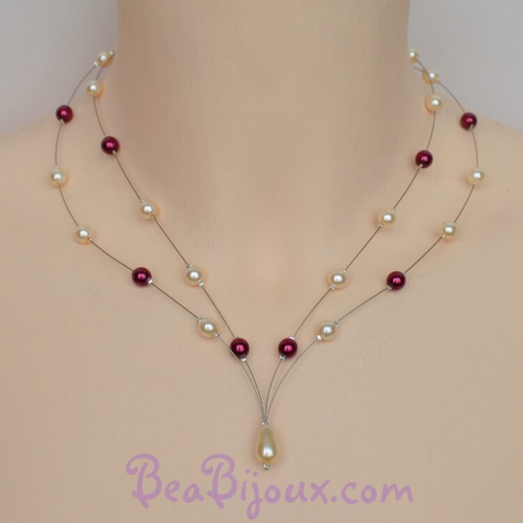 Collier de mariage CO1183Z à deux rangs en fil câblé avec perles nacrées ivoire foncé et bordeaux et une goutte finale.