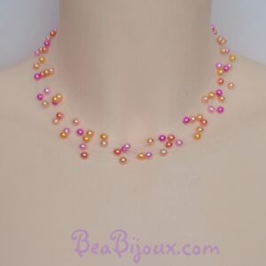 Collier de mariage CO4278A à 6 fils nylon avec perles nacrées multicolores jaune, orange, rose et fuchsia.