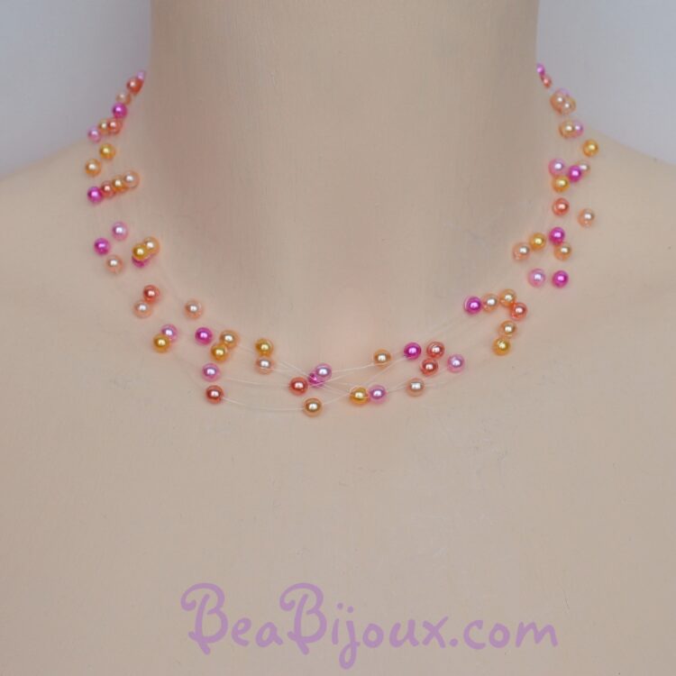 Collier de mariage CO4278A à 6 fils nylon avec perles nacrées multicolores jaune, orange, rose et fuchsia.
