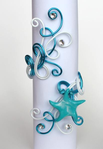 Bracelet mariage étoile de mer blanc et turquoise + strass