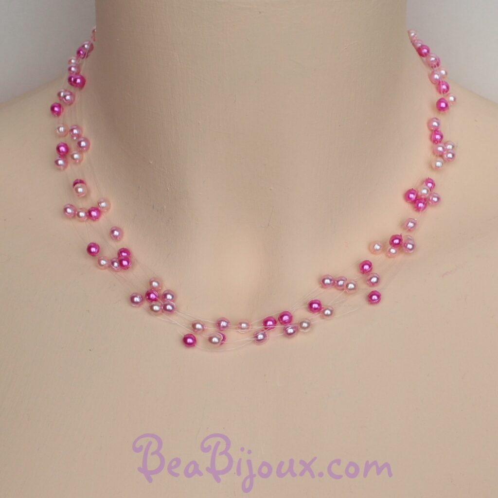 Collier de mariage CO4278A à 6 fils nylon avec dégradé de perles nacrées rose clair, rose et fuchsia.
