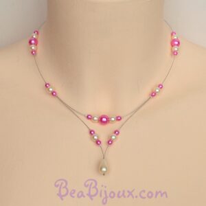Collier fin de mariage CO1201A en perles nacrées ivoire et fuchsia avec pendentif goutte.