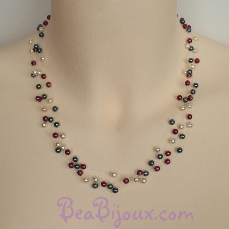Collier de mariage CO4278A à 6 fils nylon avec perles nacrées ivoire, bordeaux et gris anthracite.