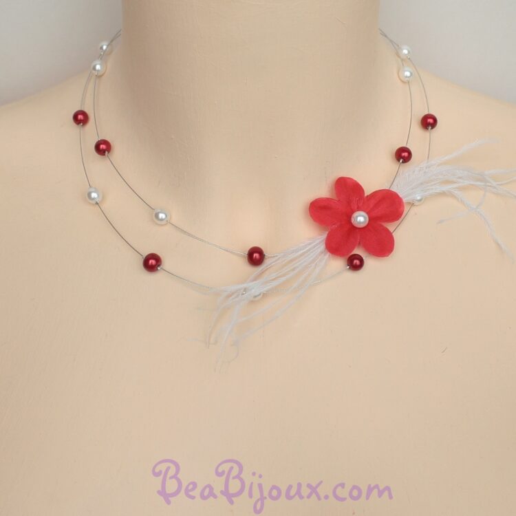 Collier mariage personnalisé rouge et blanc CO1217A perles nacrées et fleurs.