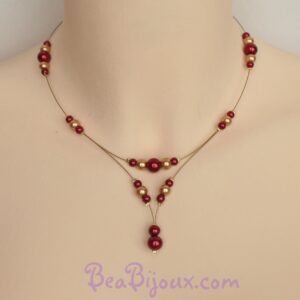 Collier de mariage CO1201A personnalisé rouge et or sur fil doré, sans perle goutte.
