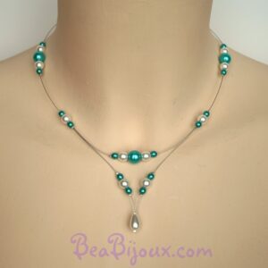 Collier de mariage fin CO1201A blanc et bleu turquoise avec pendentif perle goutte.