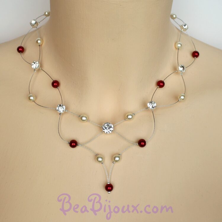 Collier de mariage CO1214A avec fils argentés entrelacés, strass brillants et perles nacrées ivoire et rouges.