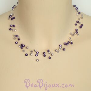 Collier de mariage CO4278A à 6 fils nylon avec perles nacrées parme et violettes effet flottant.