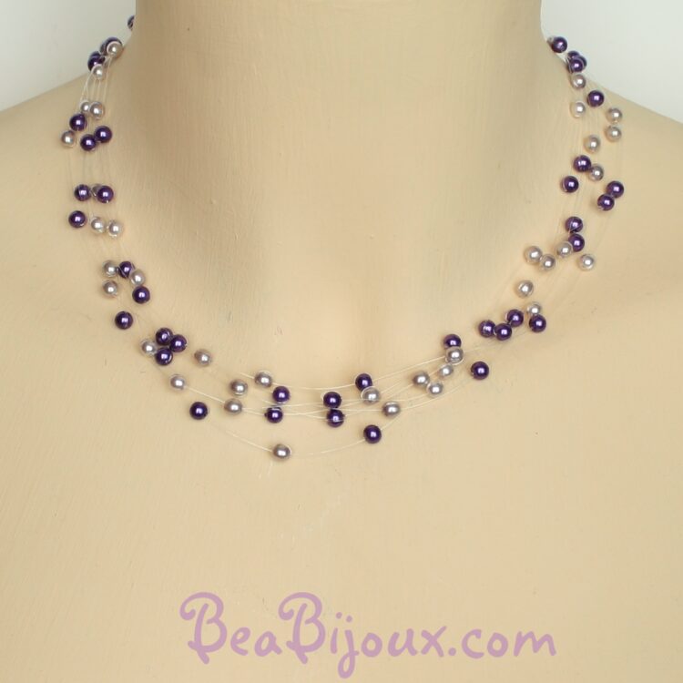 Collier de mariage CO4278A à 6 fils nylon avec perles nacrées parme et violettes effet flottant.