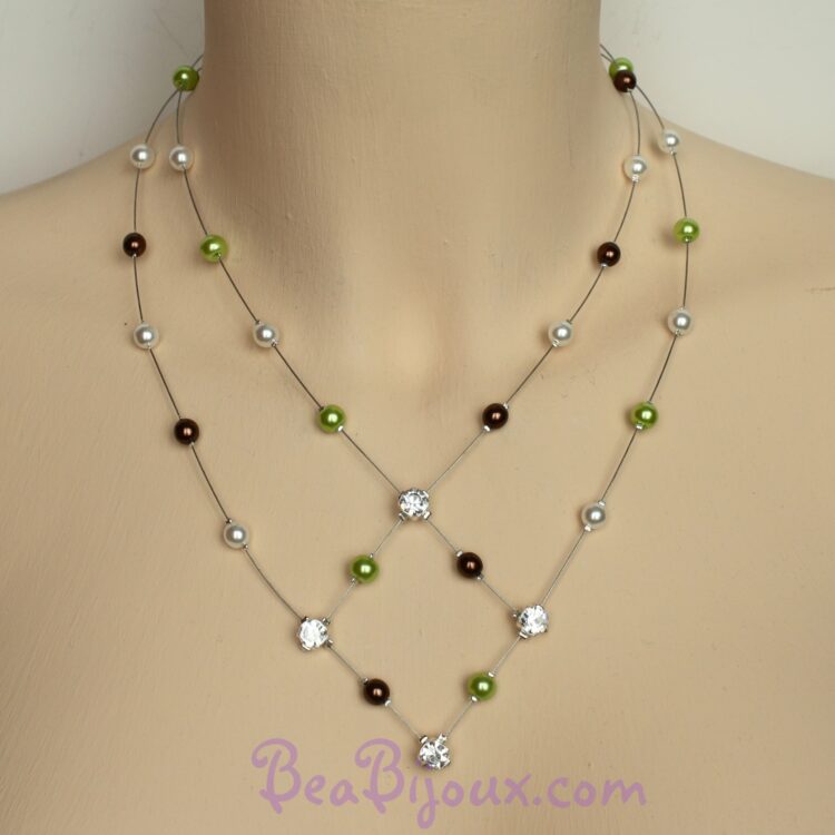 Collier de mariage double rang CO1180A avec perles nacrées ivoire, chocolat, vert anis et strass.