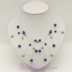 Collier de mariée CO1162A en cascade avec fils câblés et perles en verre nacré violettes et grises.