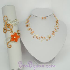 Parure de mariage avec collier CO4278A jaune et orange, bracelet en aluminium BRA345 et puces d'oreilles orange.
