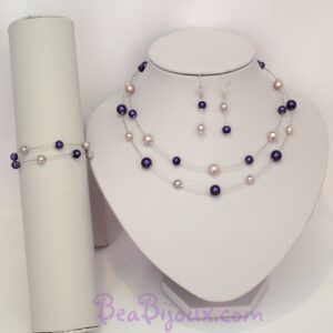 Parure de bijoux de mariage CO1168A comprenant collier double rang, bracelet et boucles d'oreilles en parme et violet.