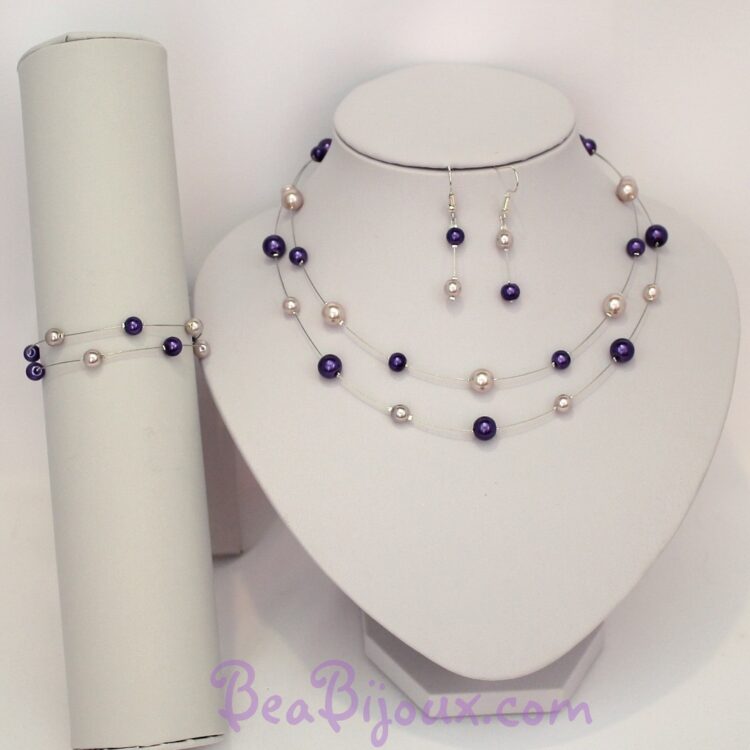 Parure de bijoux de mariage CO1168A comprenant collier double rang, bracelet et boucles d'oreilles en parme et violet.