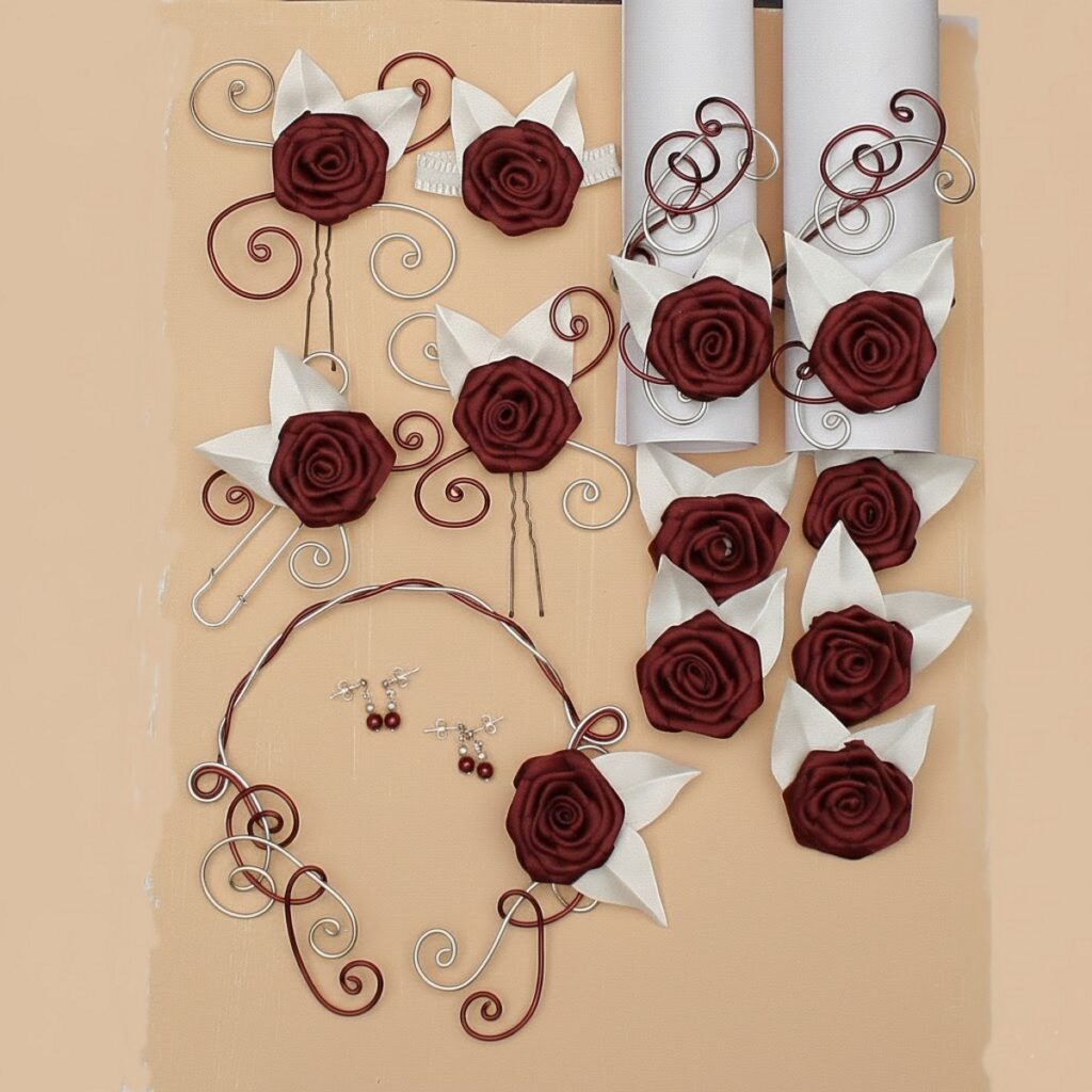 Détail des accessoires de mariage personnalisés bordeaux : boutonnière, épingles et bracelets.