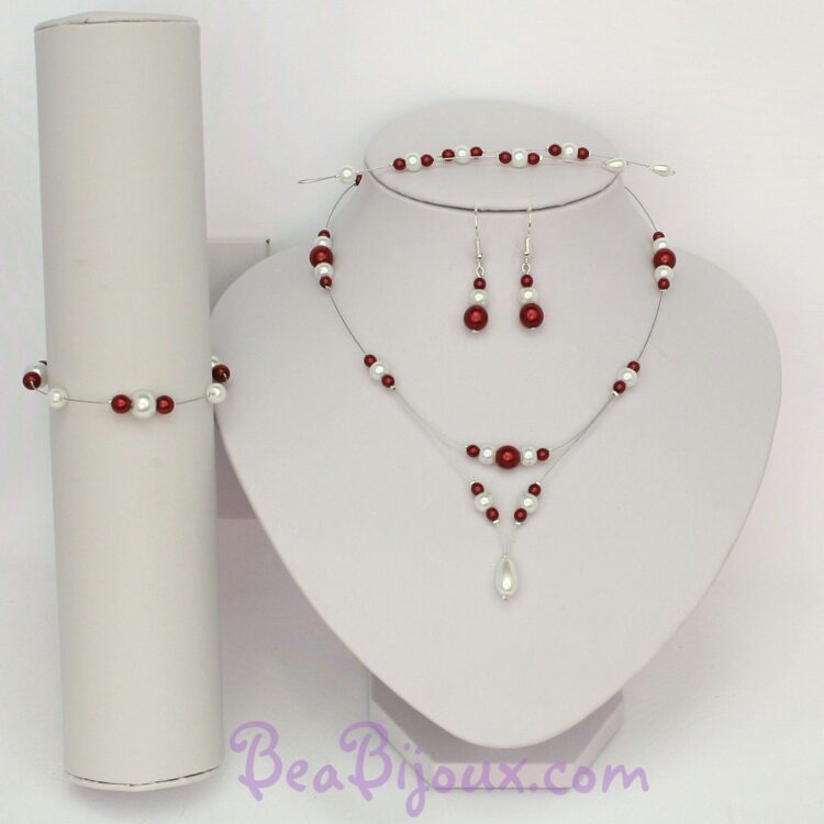 Parure de mariage complète CO1201A blanc et bordeaux avec collier, bracelet, boucles d'oreilles et bijou de dos.