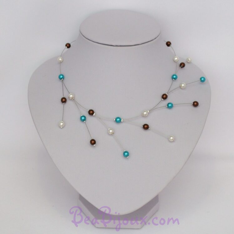 Collier de mariage asymétrique branches CO1210A perles turquoise chocolat et ivoire.