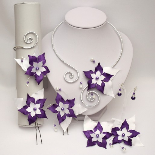 Parure mariage fleur blanc violet