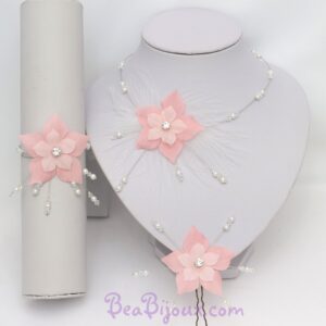 Parure de mariage complète CO1239A fleurs en soie rose et blanc avec plumes et strass.