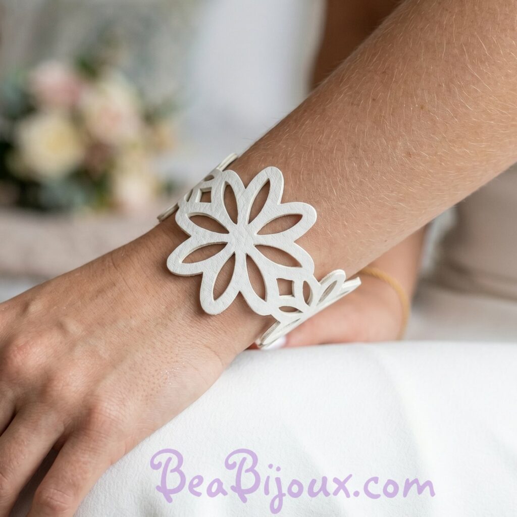 Bracelet manchette mariage fleurs blanc