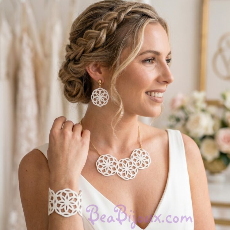 Parure mariage mandala blanc simili cuir doré