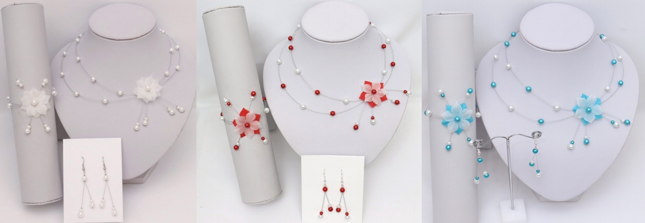 Comparatif parures mariage fleur soie blanc, turquoise et rouge sur bustes.