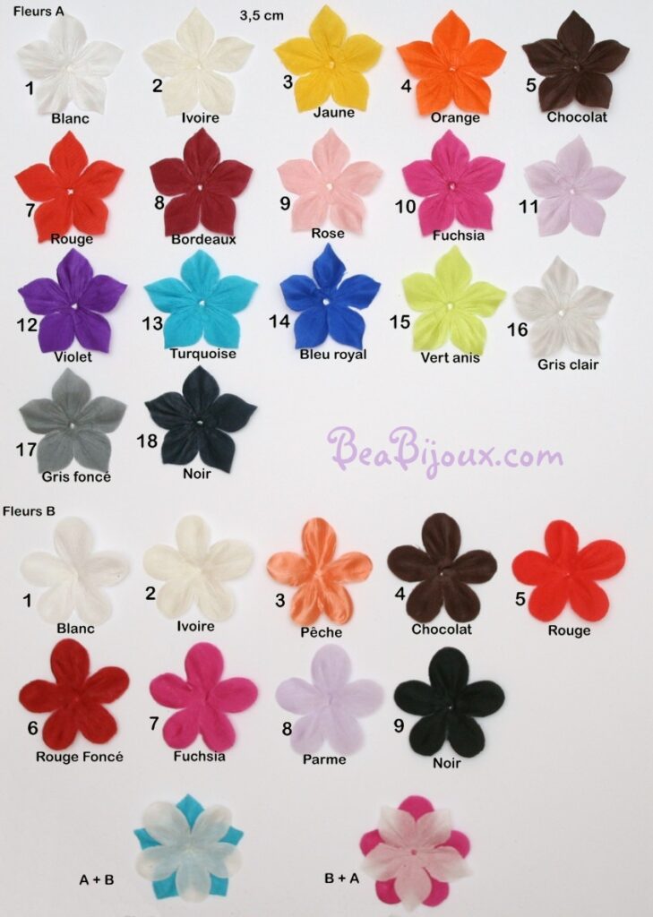 Nuancier de couleurs pour fleurs en soie artisanales BéaBijoux, personnalisation bijoux mariage.