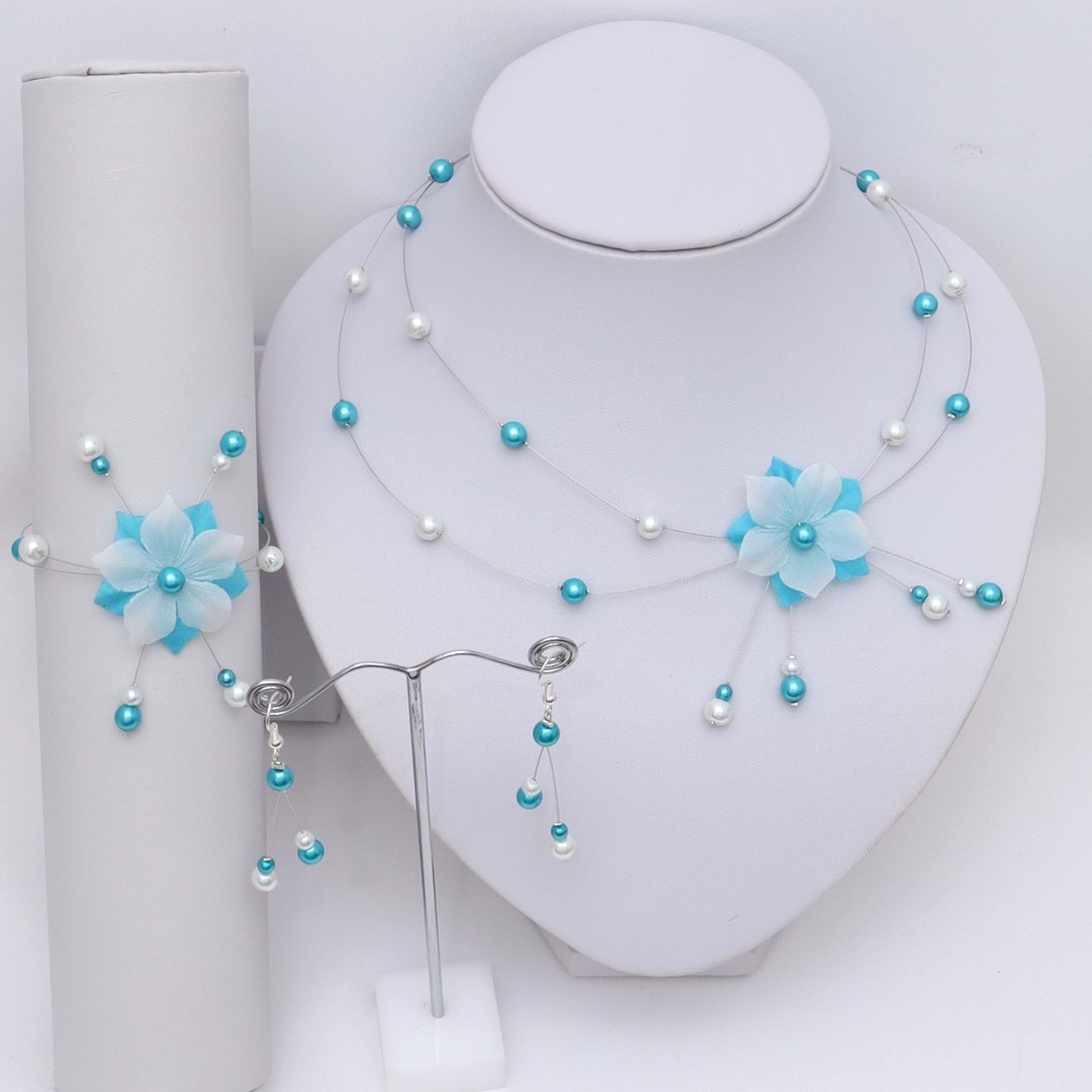 Parure de mariage blanc et bleu turquoise