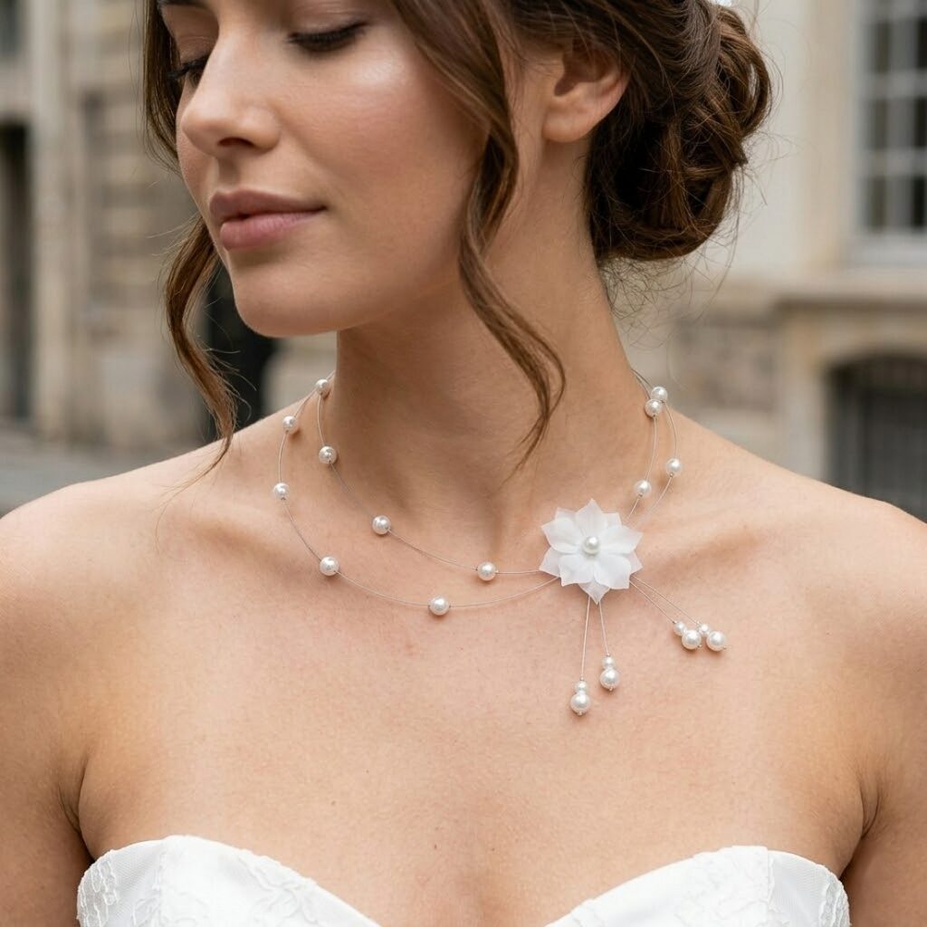 Collier de mariage fleur en soie blanche sur fil câblé argenté porté par une mariée.