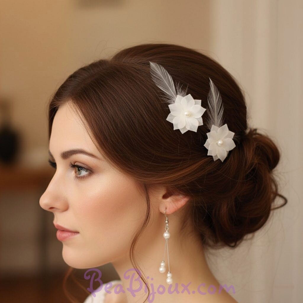 Épingle à cheveux mariage fleur en soie blanche et plume pour chignon de mariée.