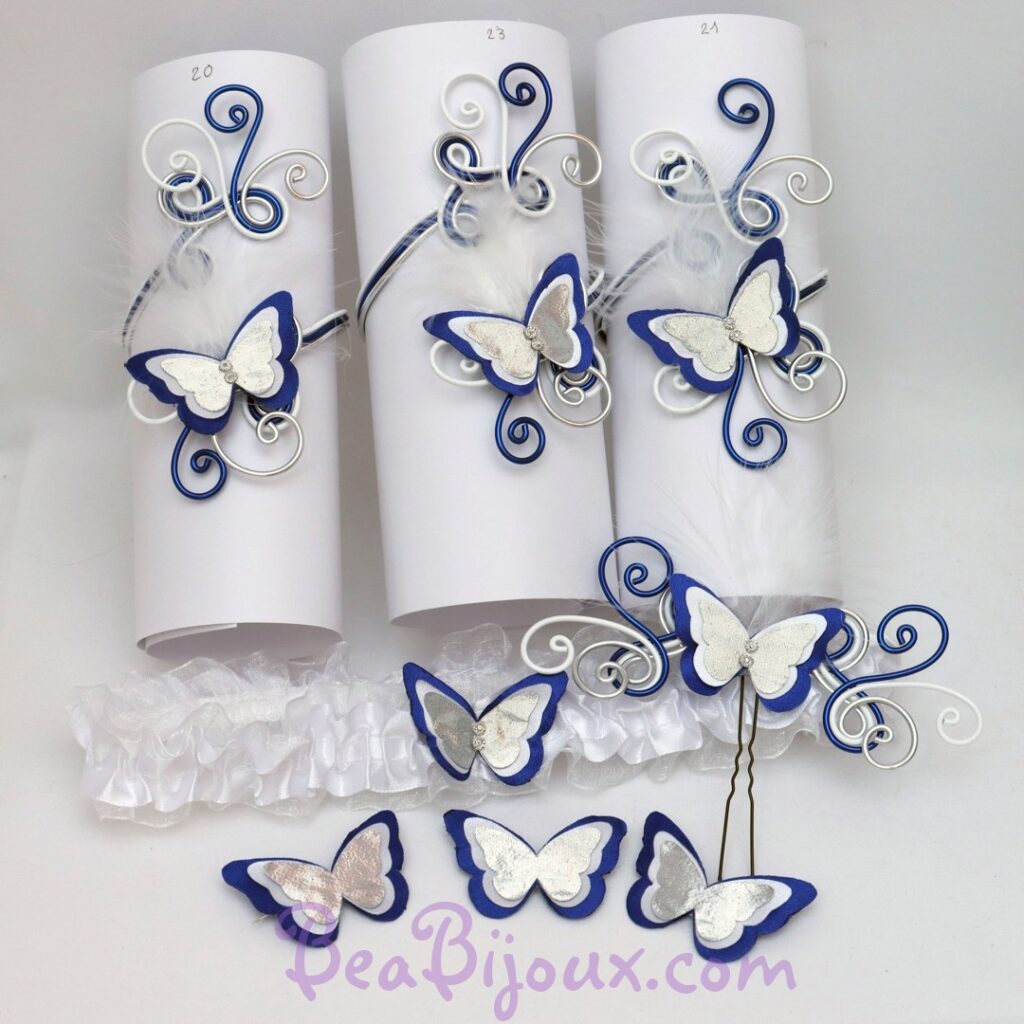 Ensemble bijoux de mariage bleu roi, blanc, argent parures témoins et mariée