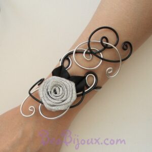 Bracelet de cérémonie argent et noir BRA325 rose satin gris argenté.