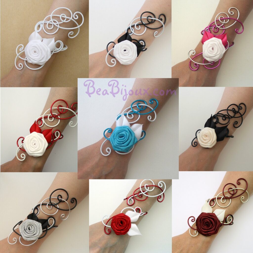 Montage de 9 bracelets de mariage BRA325 en aluminium et rose de satin de différentes couleurs. Blanc, turquoise, fuchsia, rouge, bordeaux, ivoire, argent, noir.