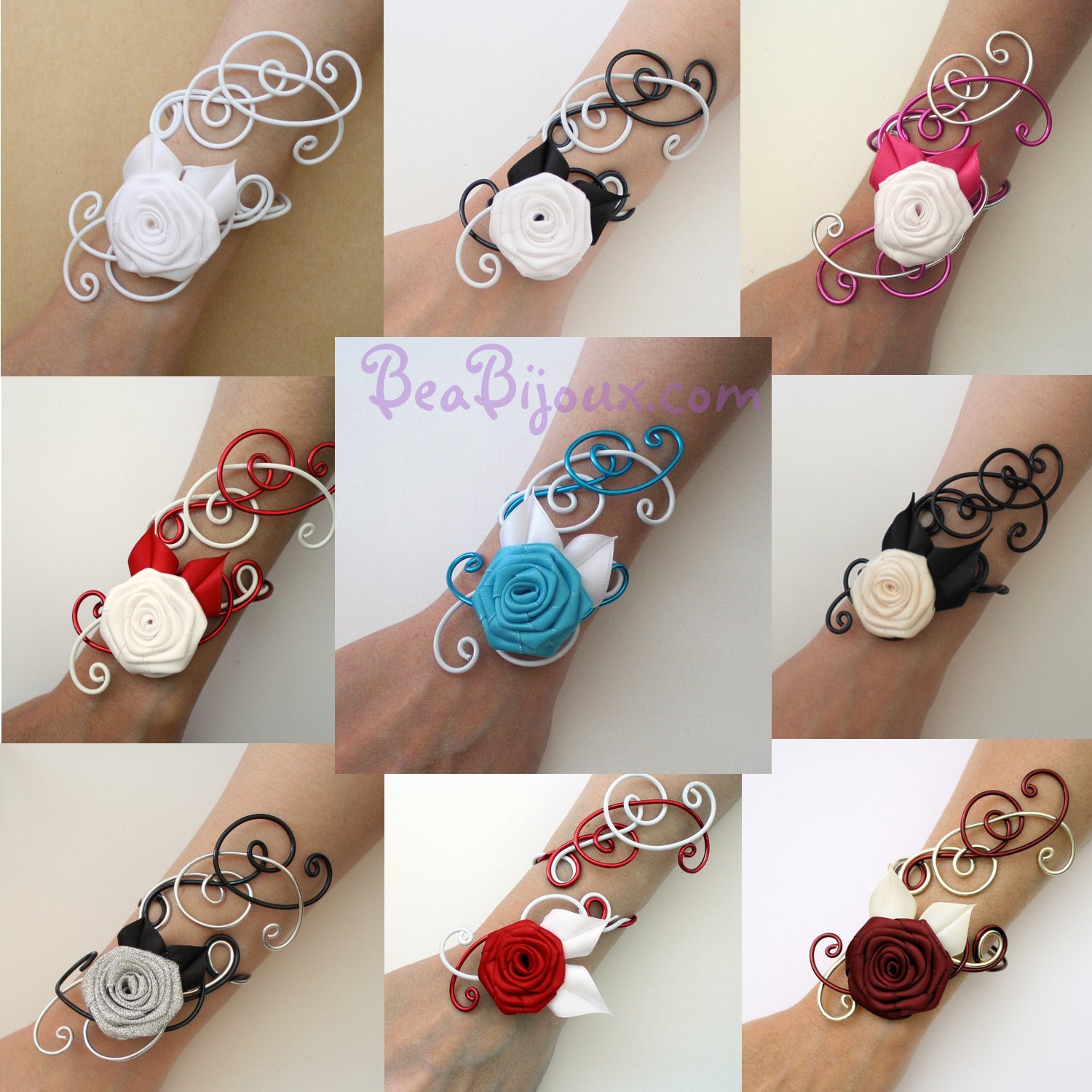 Montage de 9 bracelets de mariage BRA325 en aluminium et rose de satin de différentes couleurs. Blanc, turquoise, fuchsia, rouge, bordeaux, ivoire, argent, noir.