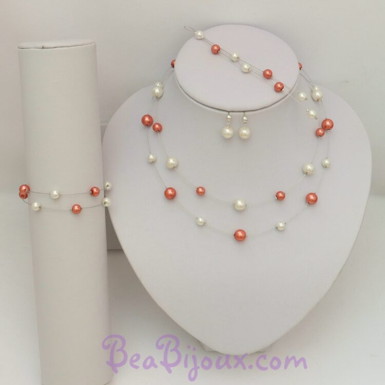 Parure de mariage CO1168A blanc et orange avec collier double rang, bracelet et boucles d'oreilles BO1138D.