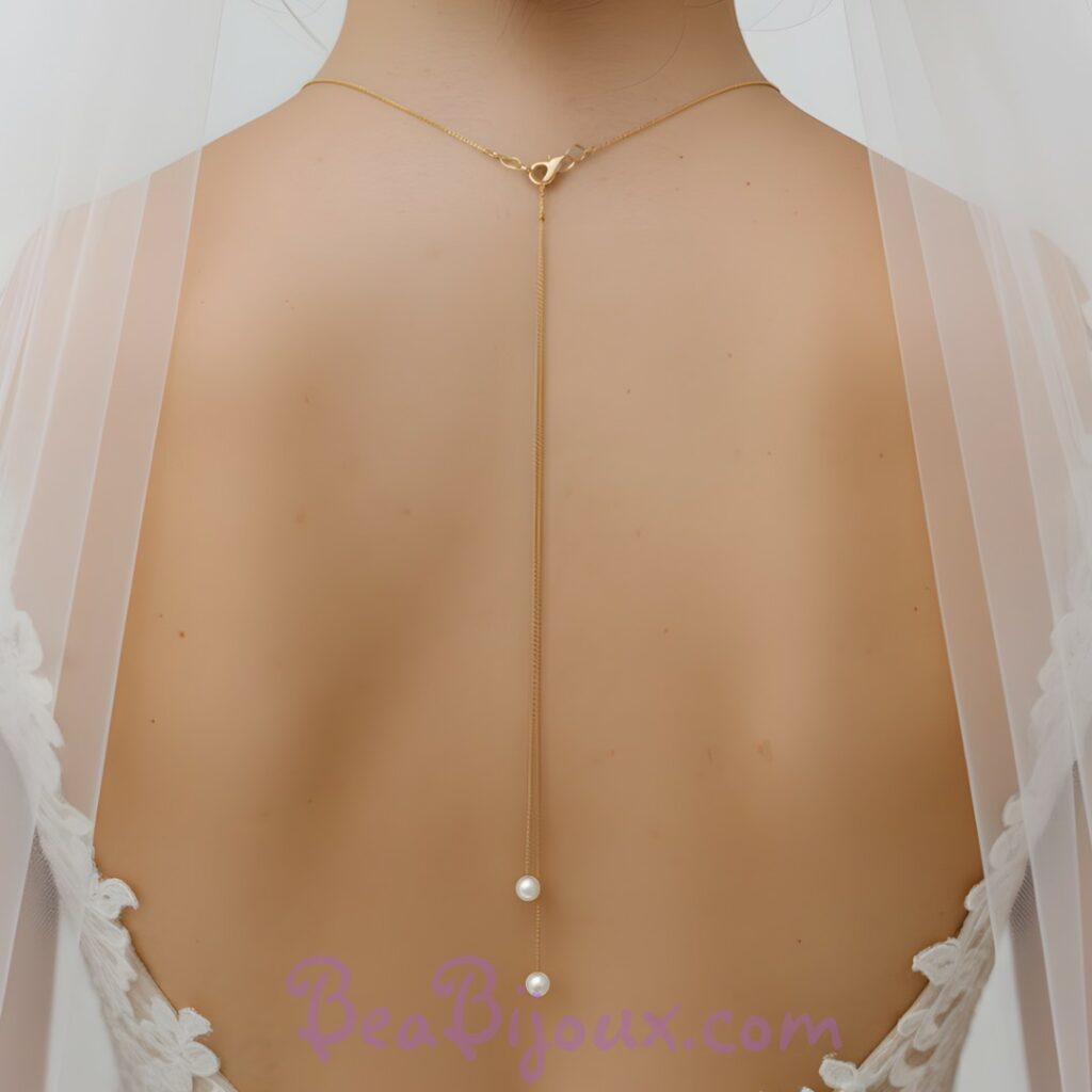 Bijou de dos double pendant or fin 24 carats et perles nacrées blanches BD6008