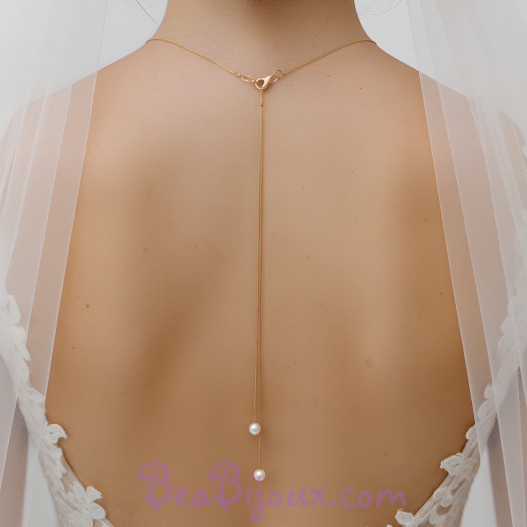 Bijou de dos double pendant or fin 24 carats et perles nacrées blanches BD6008